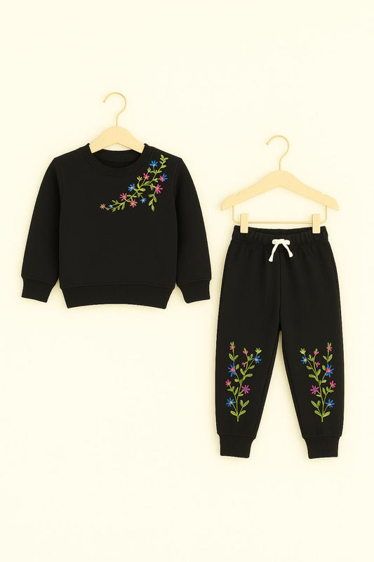 Girls Black Tracksuit – Elegant Floral Embroidery 284