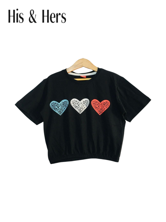Three Hearts Black T-Shirt Girls