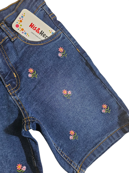 Pink Flowers Embroidery Dark Blue Denim Shorts Girls 118