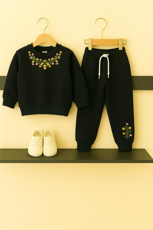Kids Black Flower Motif Winter Tracksuit