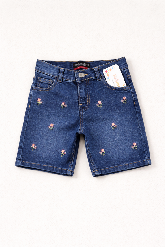Pink Flowers Embroidery Dark Blue Denim Shorts Girls 118