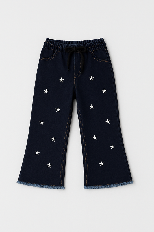 ✨ Starry Flare Girls' Jeans with Embroidered Stars - Dark Blue 103