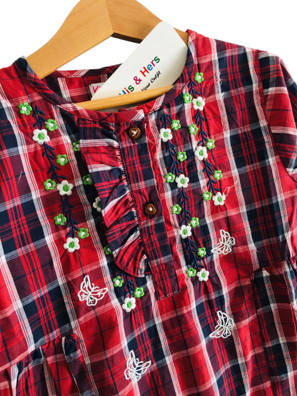 White & navy Checked Red Girls Top 244
