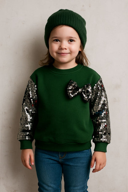 Girls' Green Sweatshirt with Sequin Sleeves & Bow Accent