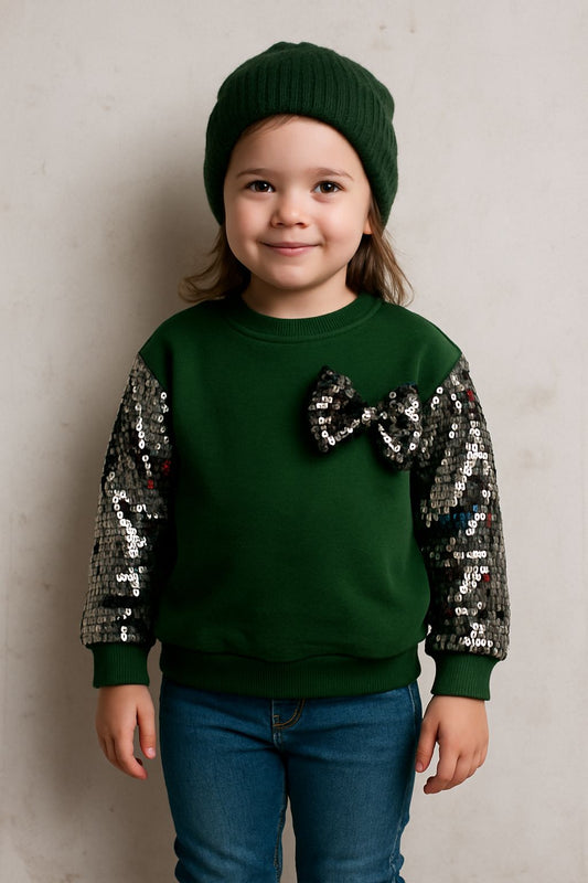 Girls' Green Sweatshirt with Sequin Sleeves & Bow Accent