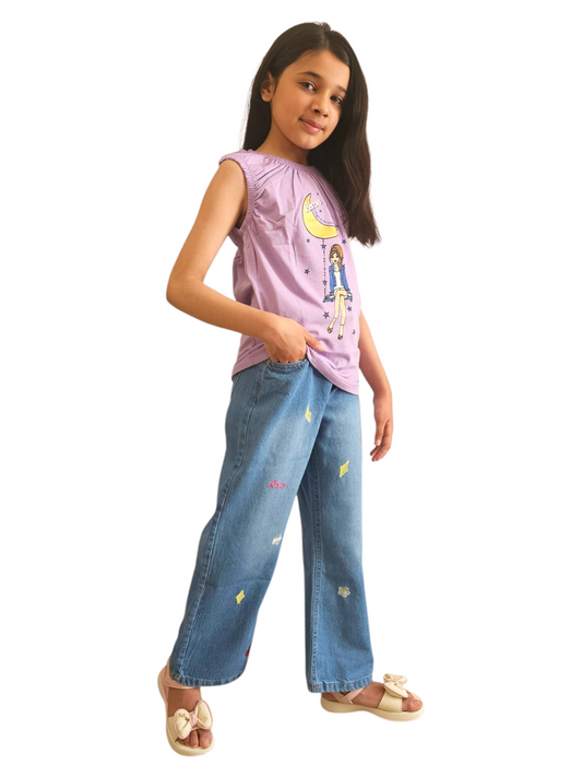 Love Embroidered Light Blue Denim Flapper Pants Girls 270