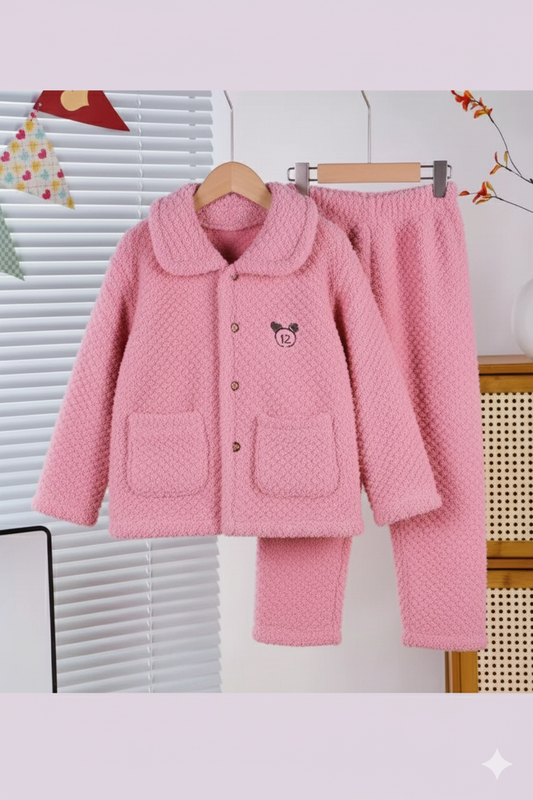 Pink Coral Fleece Winter Night Suit for Girls – Soft & Warm Two-Piece Lounge Set
