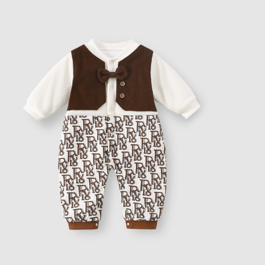 Brown Bowtie Baby Romper – Cozy Corduroy & Monogram Design