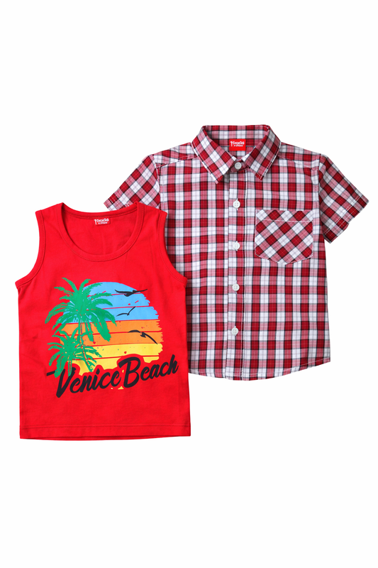 Red Check Shirt with Beach Print Inner 501