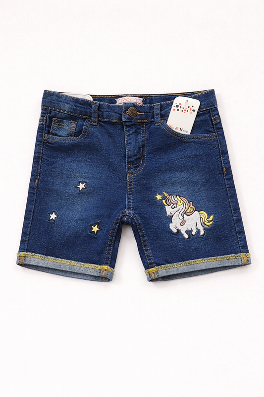 Unicorn Embroidery Mid Blue Denim Shorts Girls 120