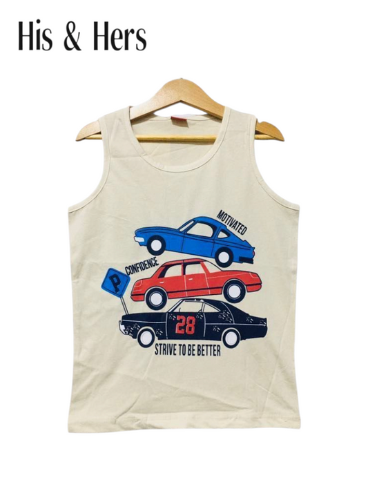 Three Cars Print Sleeveless Off-White T Shirt Boys 213