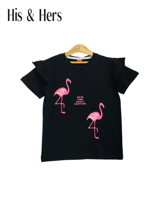 Flamingo Black T-Shirt Girls 123