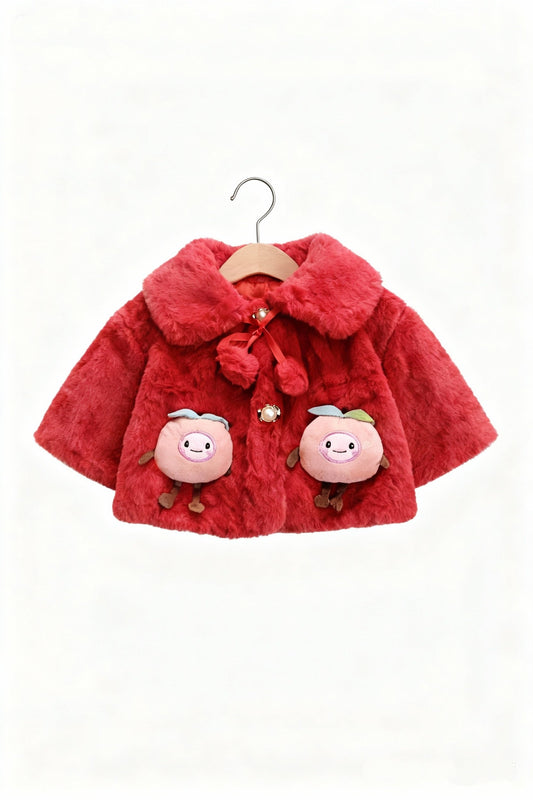 Fluffy Red Winter Cape for Baby Girls – 3D Apple