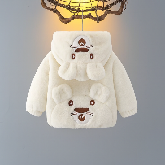 Plush Teddy Bear Hoodie Jacket  – White Fur with 3D Ears & Paw Pockets