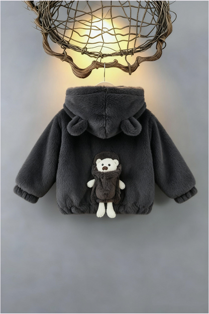 Teddy Bear Plush Hoodie Jacket – Deep Grey