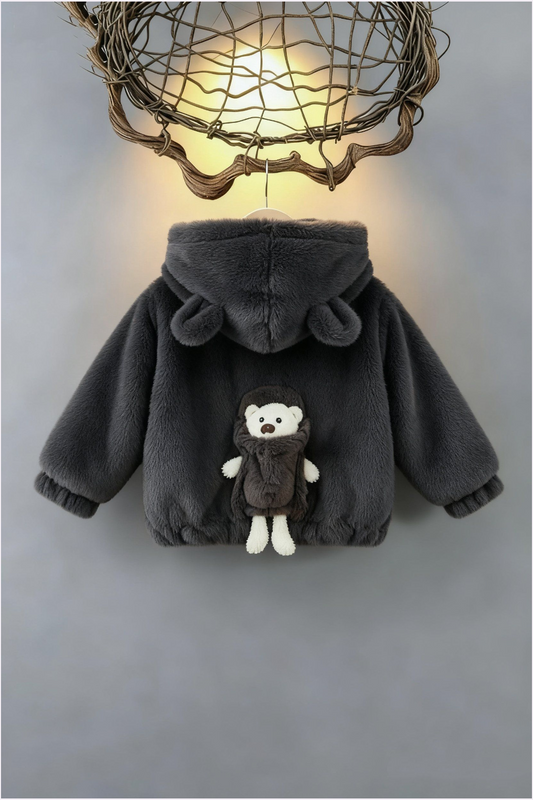 Teddy Bear Plush Hoodie Jacket – Deep Grey