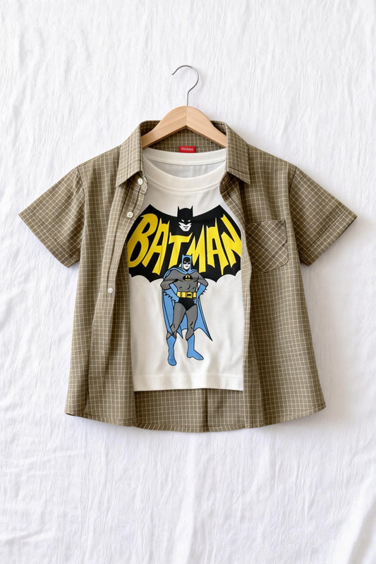 Greenish Beige Check Batman Print Double Casual Shirt 508