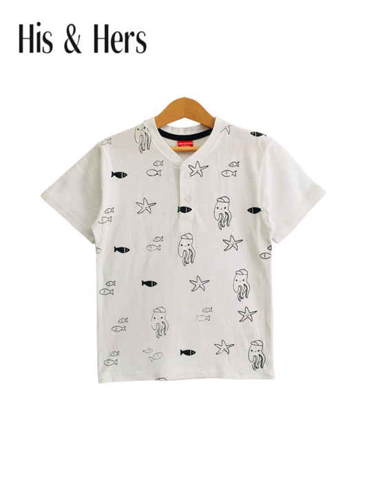 Fish Allover Print Kid's White Henly Polo Shirts Boys 104