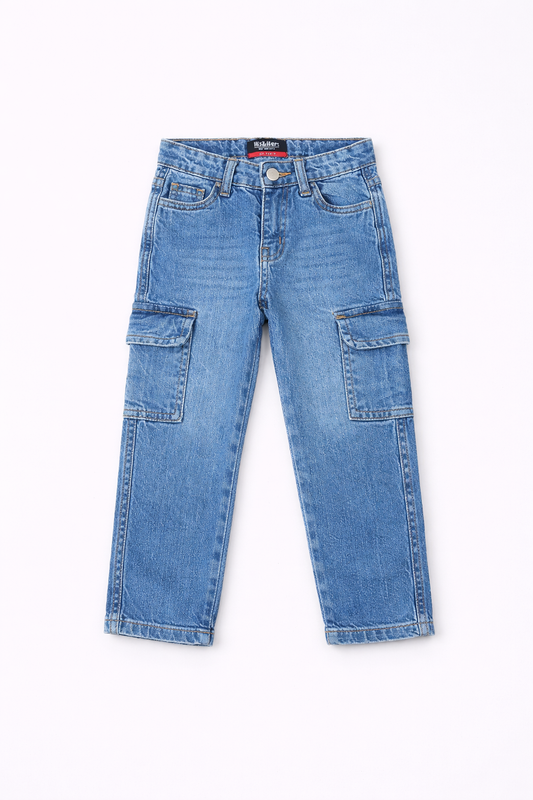 Kids Mid Blue Denim Cargo Pants – Classic Fit