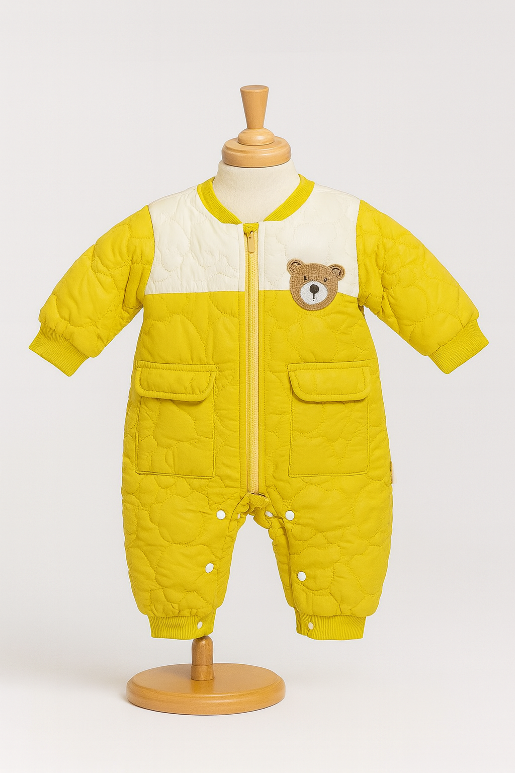 Teddy Patch Quilted Baby Romper – Mustard Yellow & Cream Chest