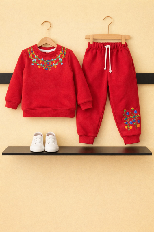 Girls Floral Embroidery Red Winter Tracksuit 504
