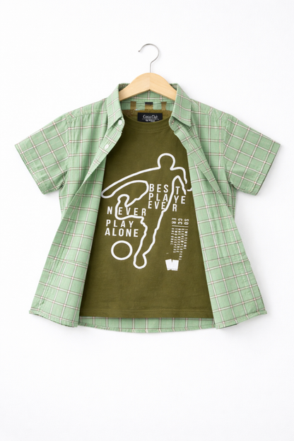 Green Check Footballer Printed Boys Double Casual T-shirt