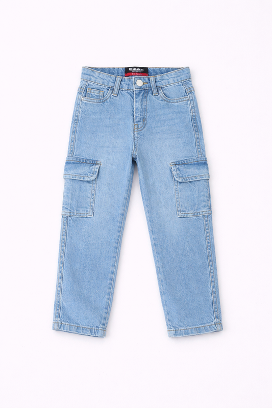 Kids Light Blue Denim Cargo Pants – Classic Fit