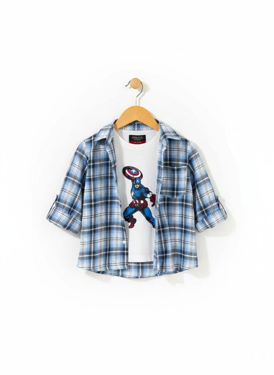 Captain America Printed Double Casual Shirt-Blue Check 211