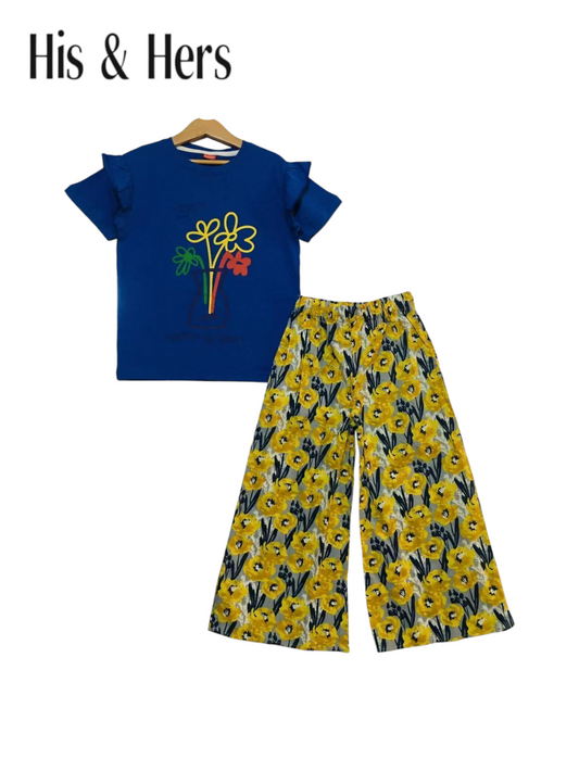 Flowers Print Royal Blue T-Shirt &Cotton Flapper