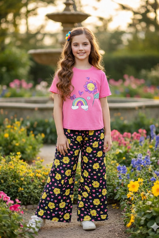 Blue Purple Flowers with Vase Printed Pink T-shirt Trousers