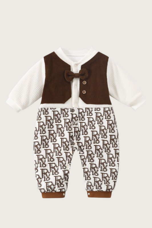 Brown Bowtie Baby Romper – Cozy Corduroy & Monogram Design