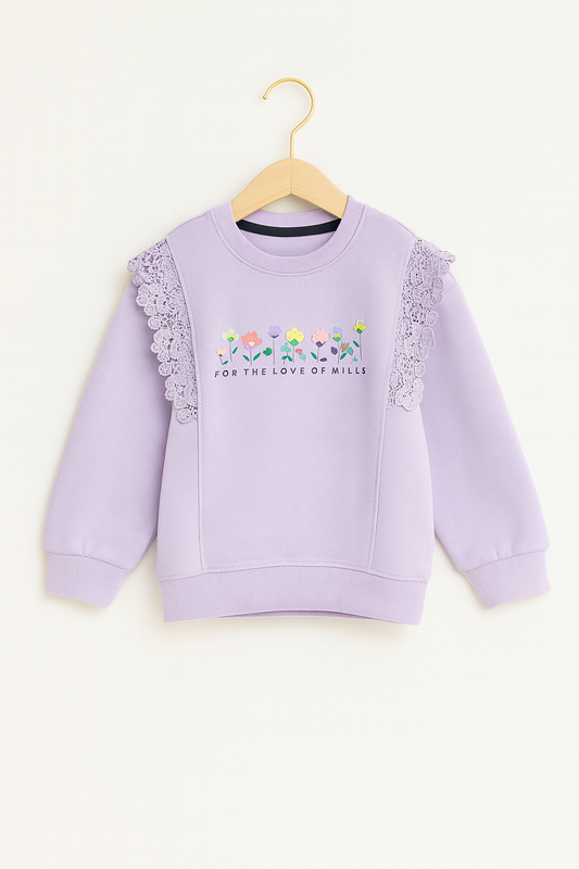 Girls Lilac Sweatshirt with Lace Frills & Floral Print 239