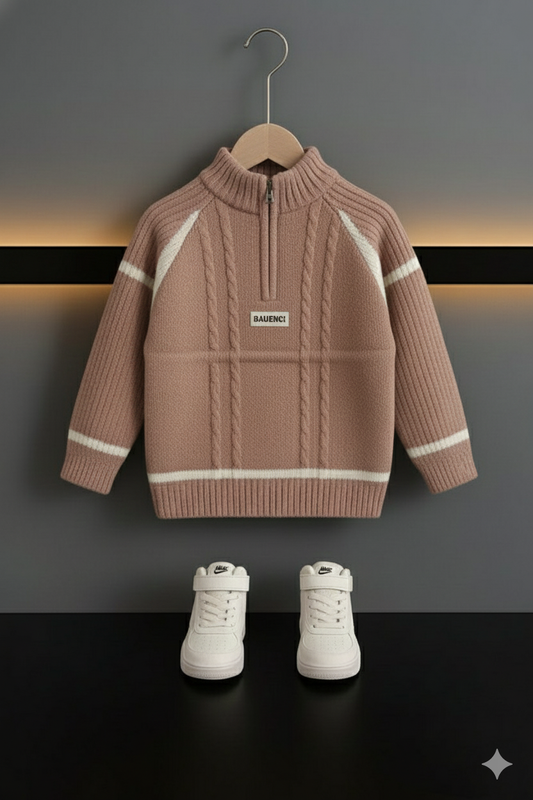 Boys Cable-Knit Half Zipper Sweater – Brown