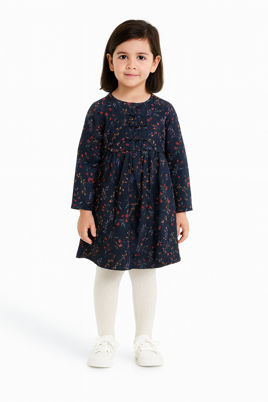 Girls’ Navy Blue Floral Frock – Long Sleeve Casual Dress 🌸 128