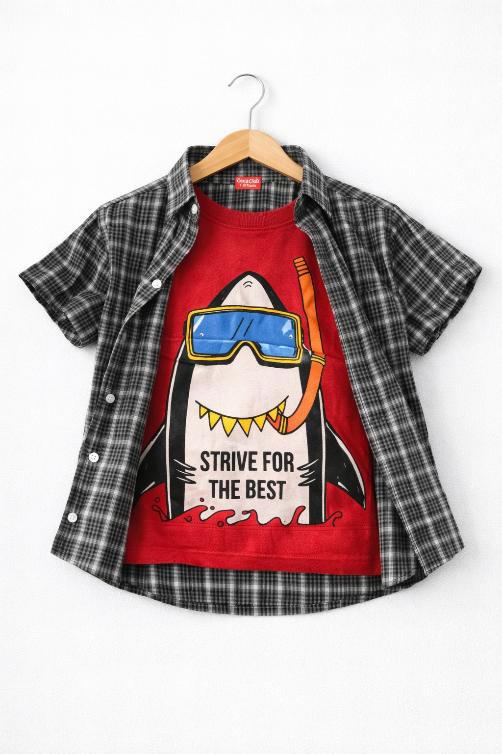 Black Grey Checked Snorkeling Shark Double Casual Shirt 220