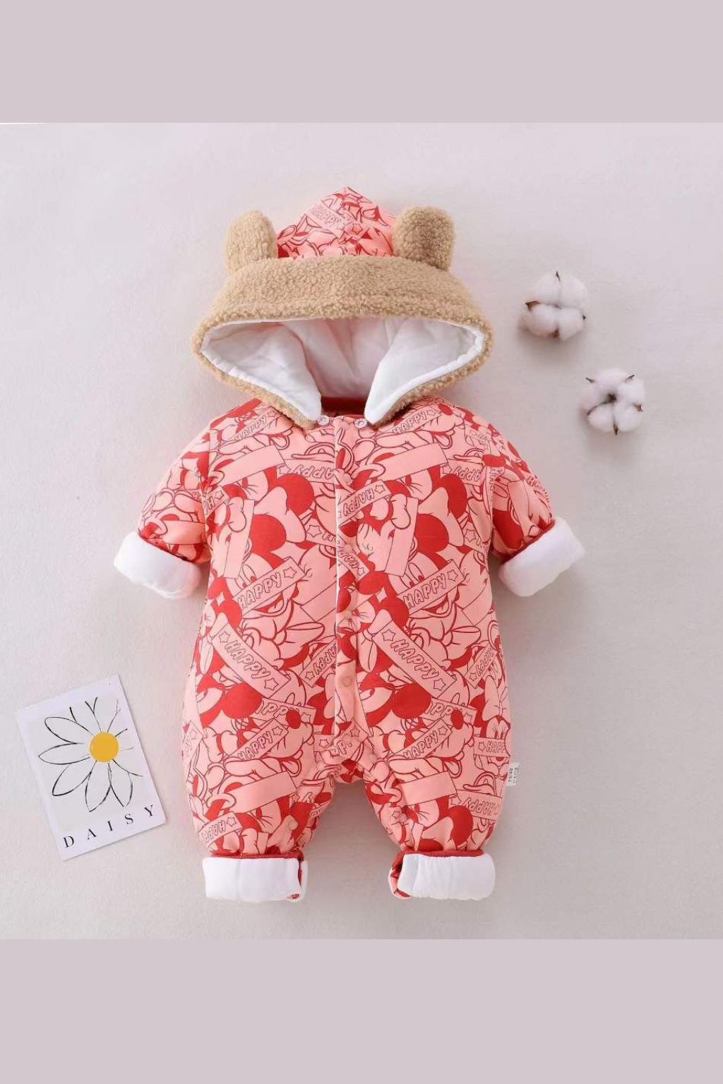 Adorable Bear-Ear Hooded Winter Romper for Babies