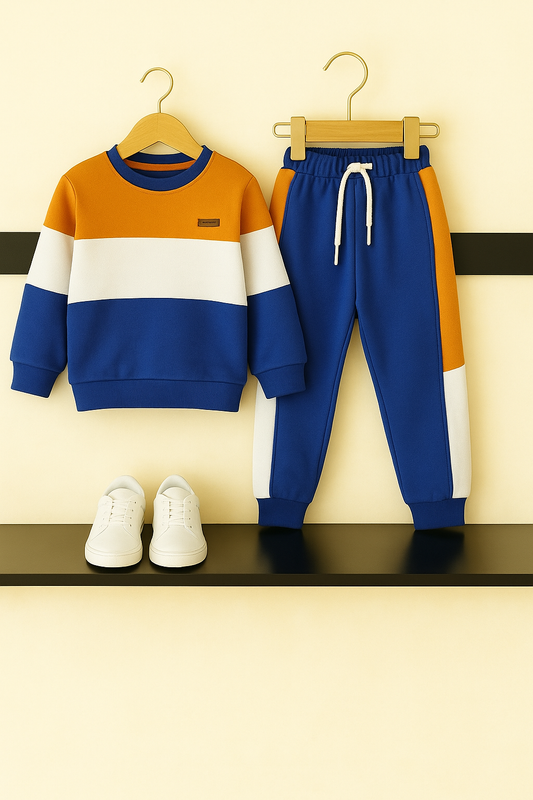 Kids Color Block Tracksuit | Orange, White & Blue 246