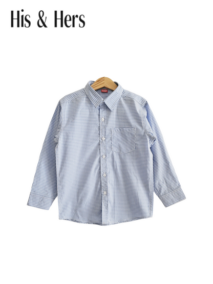Light Blue&White Checked Long Sleeves Cotton Dress Shirt 114