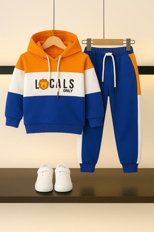 Kids’ Color Block Hoodie Tracksuit – Orange, White & Blue 414