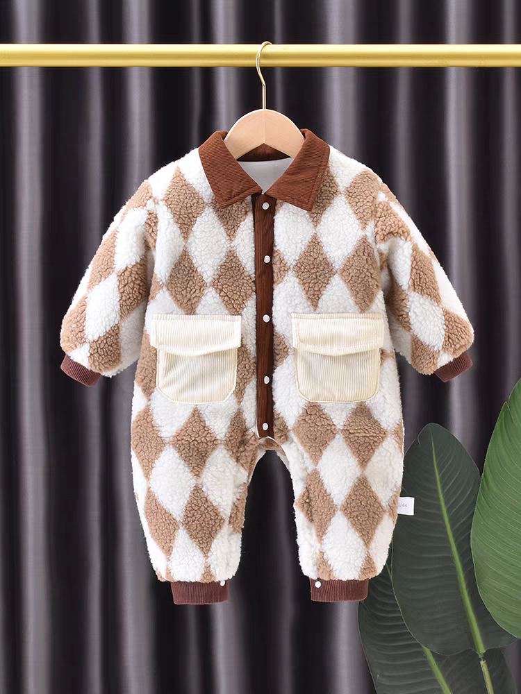 Cozy Brown Diamond Fleece Romper – Winter Warm Edition