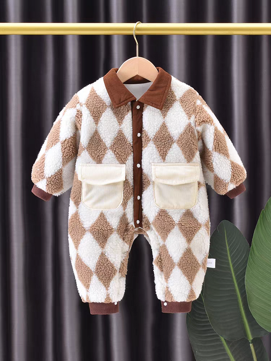 Cozy Brown Diamond Fleece Romper – Winter Warm Edition
