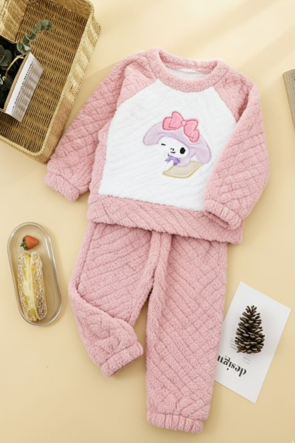 Girls’ Warm Coral Fleece Dolly Night Suit - Baby Pink