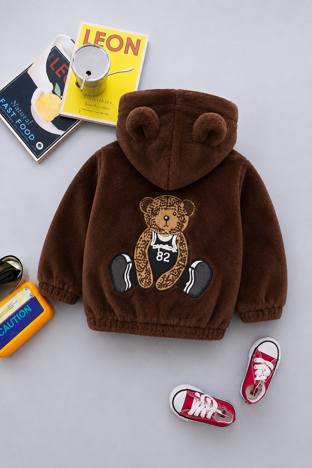 Teddy Bear Patch Plush Hooded Jacket – Chocolate Brown