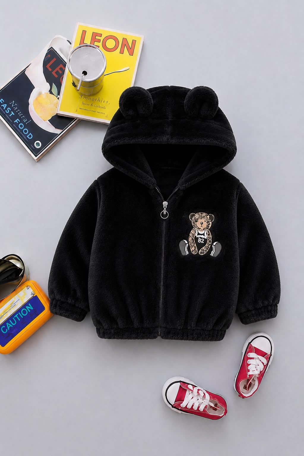Teddy Bear Patch Plush Hooded Jacket – Black