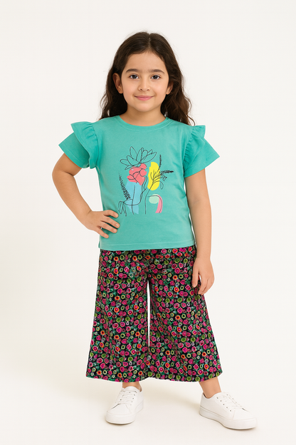 Multi Flowers Blue T-Shirt & Cotton Flapper 432