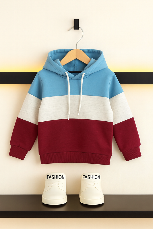 Colorblock Hoodie For Boys- Blue -White-Mahroon