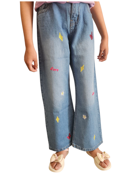 Love Embroidered Light Blue Denim Flapper Pants Girls 270