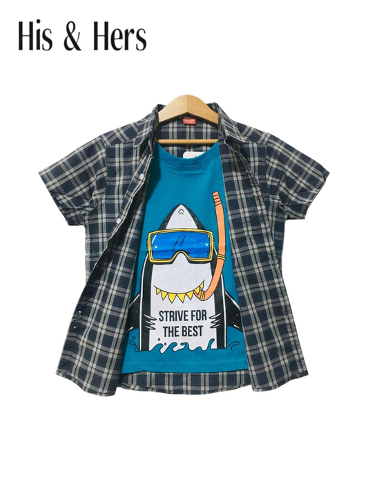 Dark Blue & White Checked Double Casual Shirt Boys