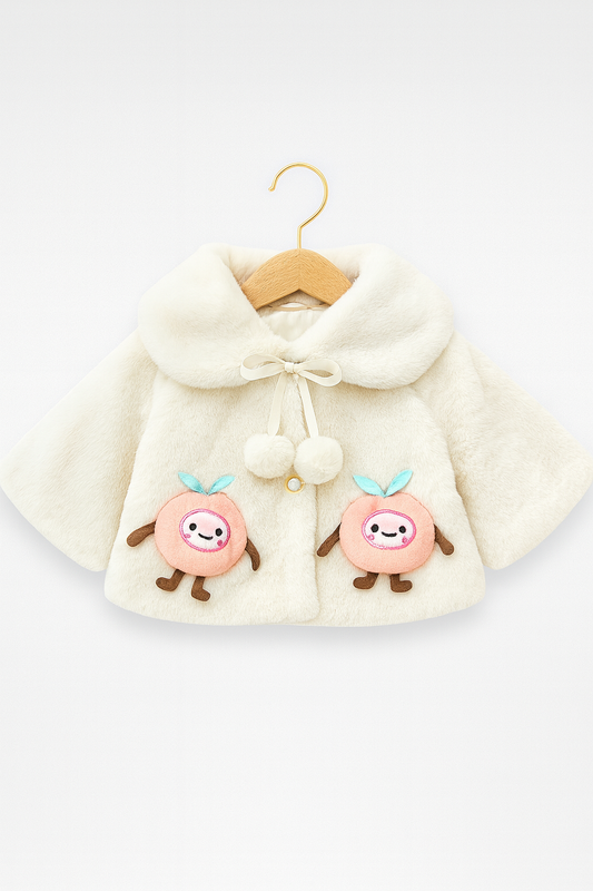 Fluffy White Winter Cape for Baby Girls – 3D Apple