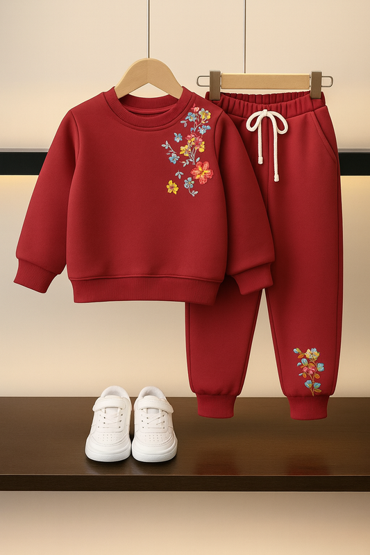 🌺 Girls’ Mahroon Floral Embroidered Tracksuit 226